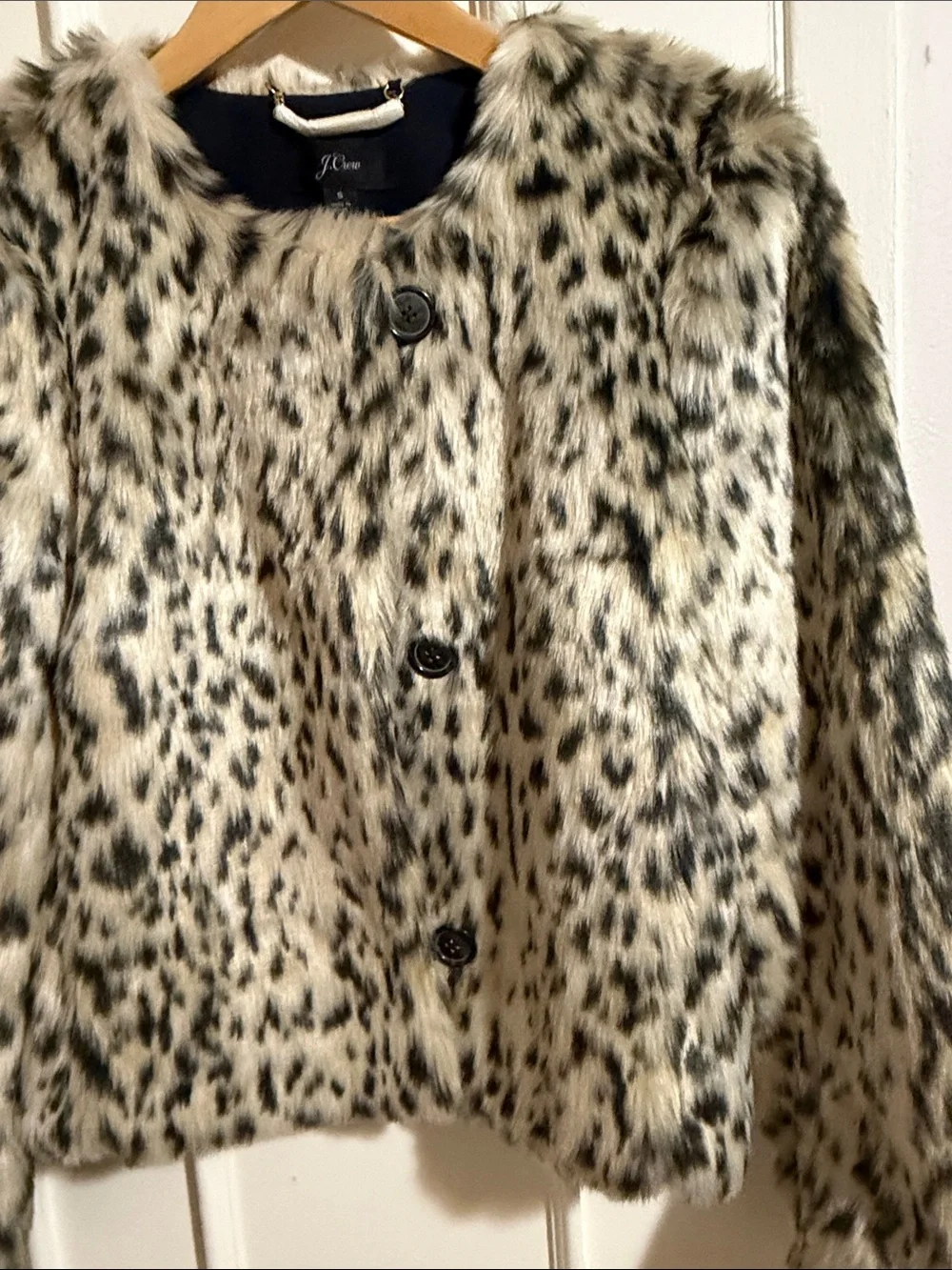 J. Crew Faux Fur Leopard-Print Cropped Jacket in Cream and Black